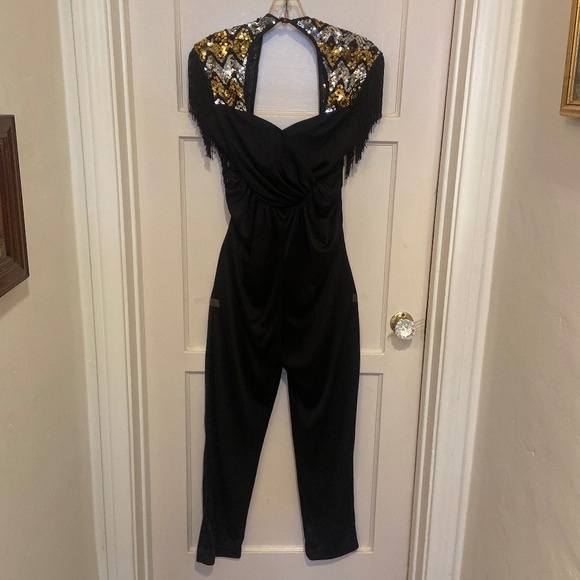 Vintage Black Gold Silver sequin fringe JUMPSUIT ROMPER pantsuit Party NYE - Picture 9 of 14